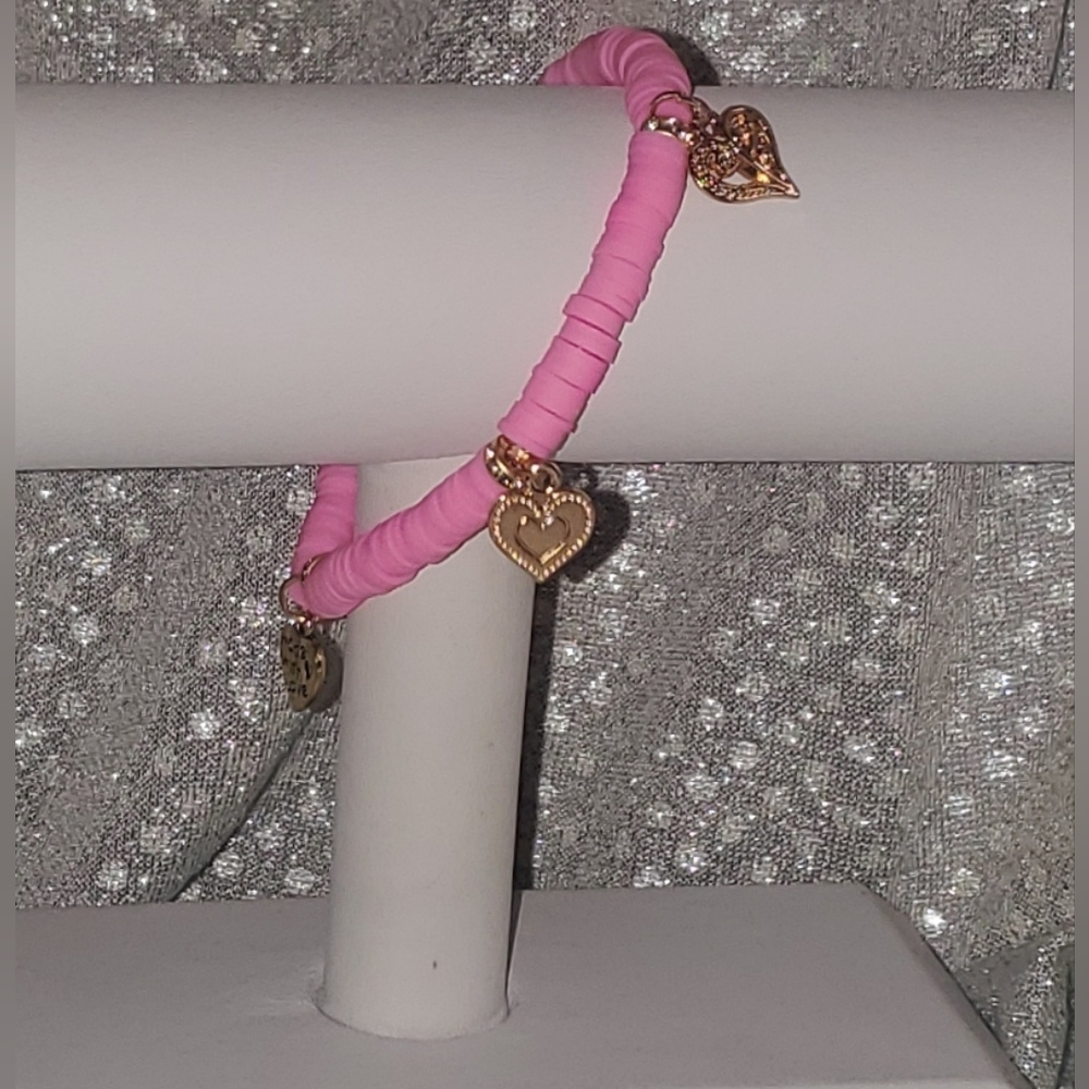 Pink Clay Bead Charm Bracelet